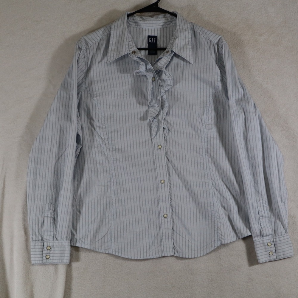 GAP Women's Size XL Blue Striped Ruffle Button Up Shirt Long Sleeve Cotton